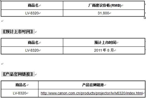 佳能發(fā)布液晶投影機新品—— LV-8320 