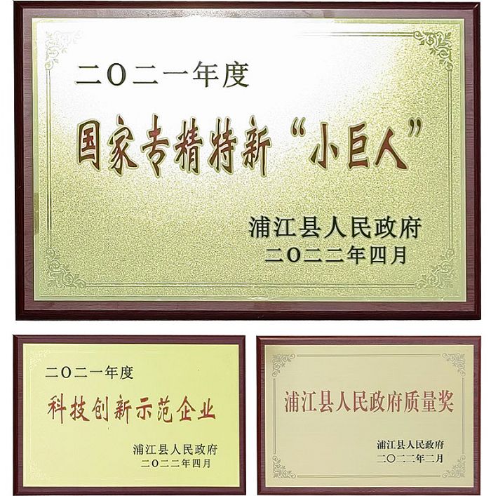 科技創(chuàng)新示范企業(yè)、浦江縣人民政府質量獎和國家專精特新“小巨人”